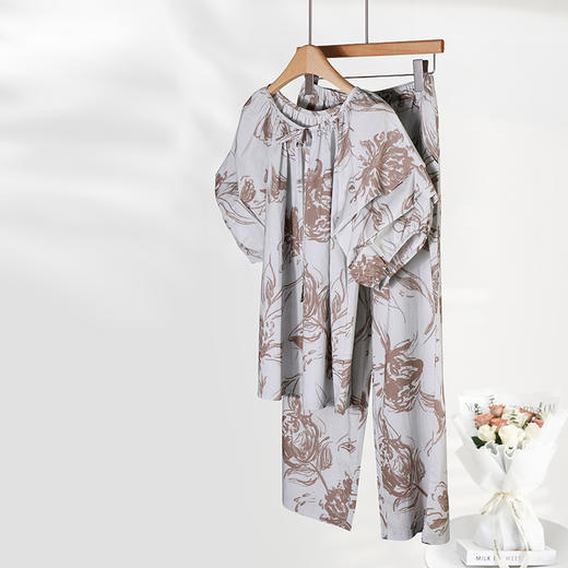 婉约印花显瘦套装 |100%棉梭织 透气亲肤 中袖蝴蝶结+直筒裤 加大版型藏肉显瘦两不误 商品图7