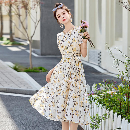 温柔风法式气质收腰短袖长裙，女神范印花显瘦连衣裙HR-6209 商品图2