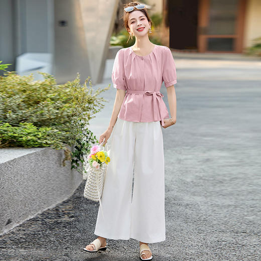 法式清新显瘦百搭圆领泡泡袖衬衫，高腰八分阔腿裤两件套HR-MUZL8027 商品图2