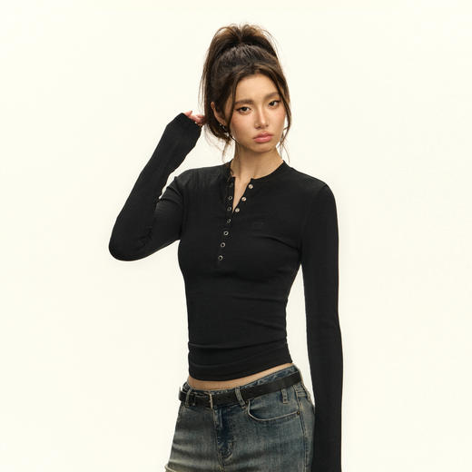 Ariseism 美式亨利领白色修身长袖T恤女秋季紧身上衣内搭打底衫 商品图2