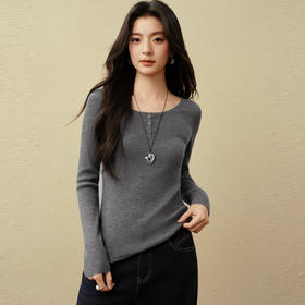 【严选】诗凡黎全羊毛坑条圆领针织衫2025秋新款显瘦修身百搭长袖内搭毛衣7G8432731