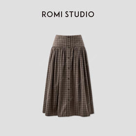 ROMI STUDIO“复古知秋”色织棕调气质褶皱格纹半身裙 RWCAXU5424 