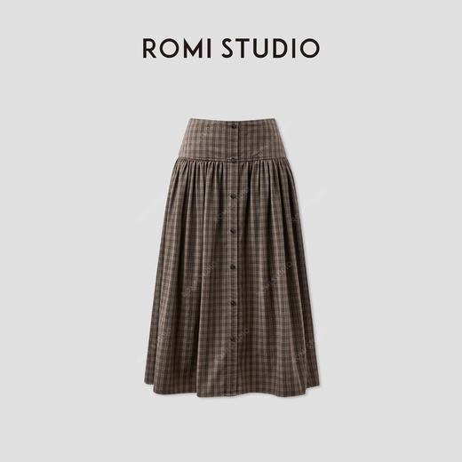ROMI STUDIO“复古知秋”色织棕调气质褶皱格纹半身裙 RWCAXU5424  商品图0