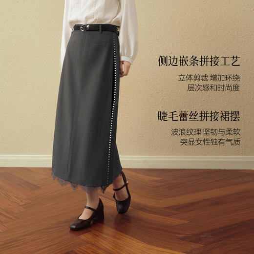 【严选】诗凡黎H型蕾丝拼接开叉半身裙2025秋新款简约通勤修身显瘦包臀裙7G8340991 商品图2