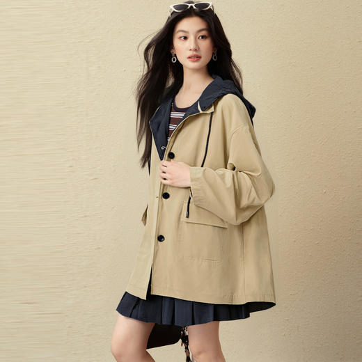 【严选】诗凡黎Miu系一手长连帽风衣2025秋新款巴恩风百搭宽松派克外套女7G8260331 商品图2