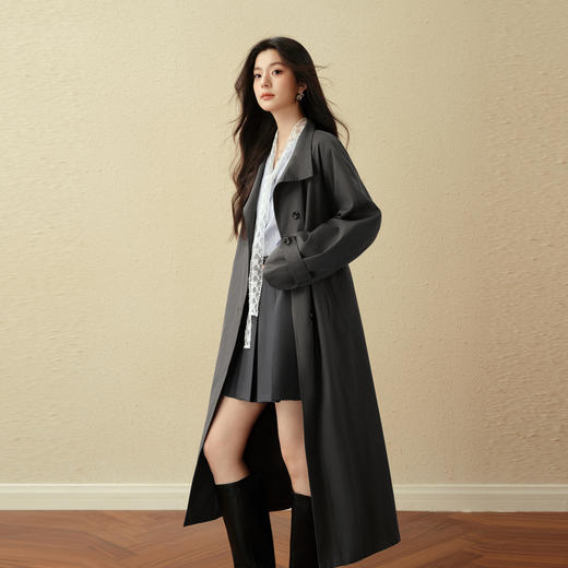 【严选】诗凡黎英伦风灰色立领系带风衣2025秋新款长款酷飒宽松通勤外套女7G7160271 商品图2