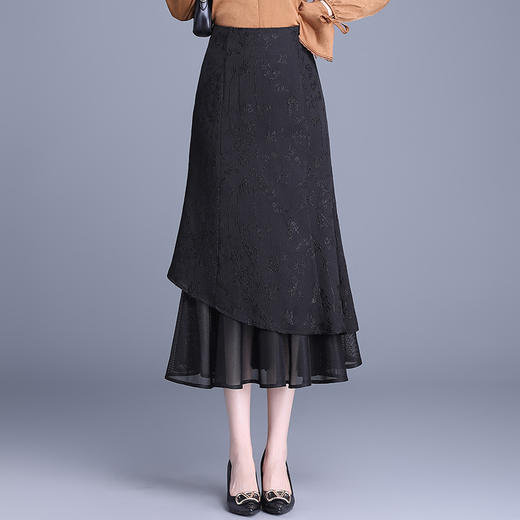 ZLy_99392025年秋季新款时尚高腰包臀裙长裙网纱提花鱼尾裙显瘦黑色半身裙 商品图1