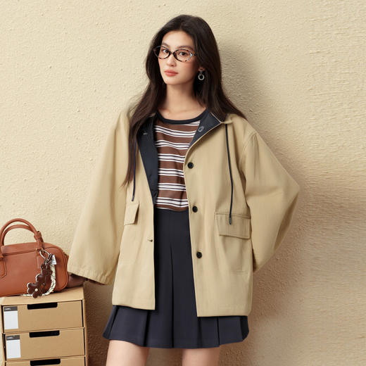 【严选】诗凡黎Miu系一手长连帽风衣2025秋新款巴恩风百搭宽松派克外套女7G8260331 商品图0