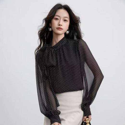 「自」全新升级【铂金会员146/天猫199/差价53】(35008)洛诗琳法式波点长袖衬衫2025秋季通勤百搭系带雪纺上衣女 商品图0