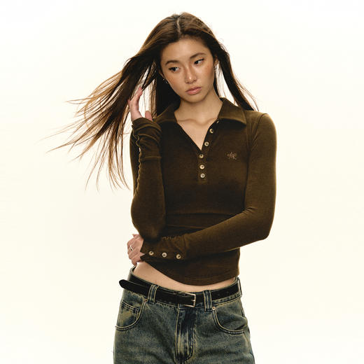 Ariseism 美式复古翻领长袖针织衫女2025秋季新款内搭上衣打底衫 商品图1