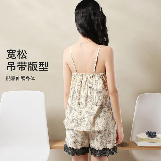 【100%棉 带胸垫】夏季薄款纯棉蕾丝吊带短裤家居服套装睡衣蕾丝边吊带套装 商品图4