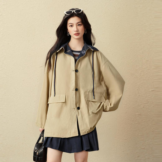 【严选】诗凡黎Miu系一手长连帽风衣2025秋新款巴恩风百搭宽松派克外套女7G8260331 商品图4