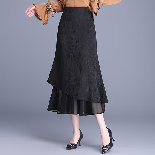 ZLy_99392025年秋季新款时尚高腰包臀裙长裙网纱提花鱼尾裙显瘦黑色半身裙 商品图0