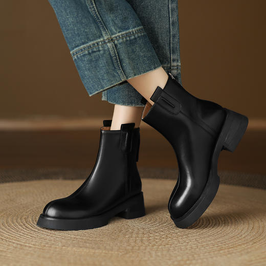 阿么手工女鞋真皮厚底防水台拉链短靴百搭2025新款烟筒靴秋冬5CM 商品图1