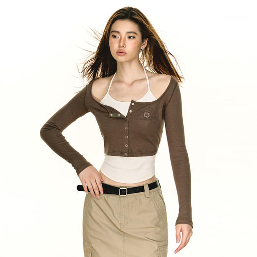 Ariseism 美式复古辣妹修身假两件针织长袖t恤女秋内搭上衣打底衫 商品图3