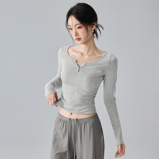 跃牌【禅语梵心】V领修身亨利衫瑜伽服长袖普拉提跑步运动上衣女显腰收腹健身T恤CX5567 商品图2