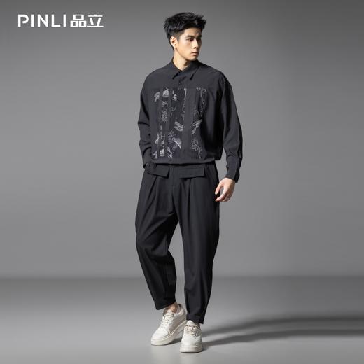 PINLI品立春季新款拼接刺绣长袖衬衫男潮牌宽松休闲百搭衬衣B253113006 商品图1