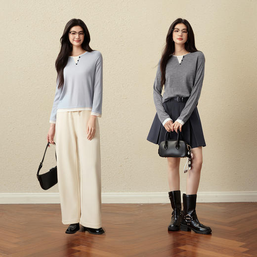 【严选】诗凡黎绵羊毛假两件拼色针织衫2025秋新款柔软舒适打底长袖上衣女7G8331041 商品图1