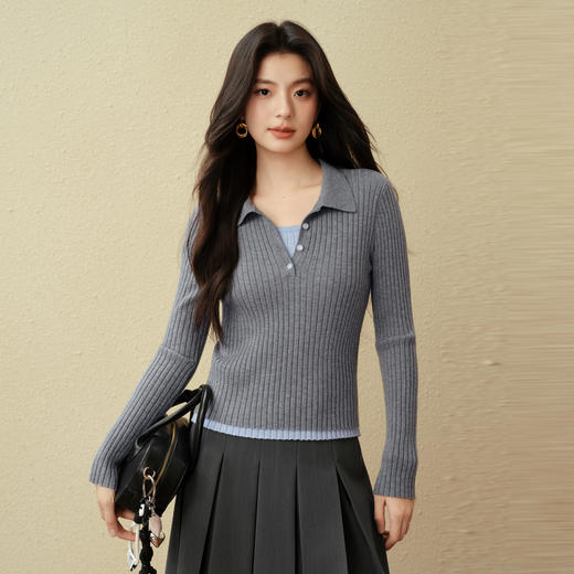 【严选】诗凡黎假两件撞色Polo坑条针织衫2025秋新款时尚百搭显瘦修身上衣7G8131031 商品图0