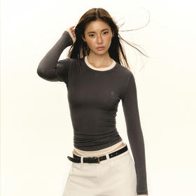 Ariseism 美式撞色假两件正肩长袖t恤女秋季新款上衣内搭打底衫