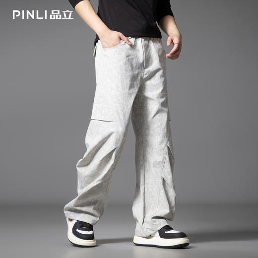 PINLI品立2025秋季新款雪花褶皱宽松工装裤男士潮牌休闲直筒长裤GD253117023 商品图0