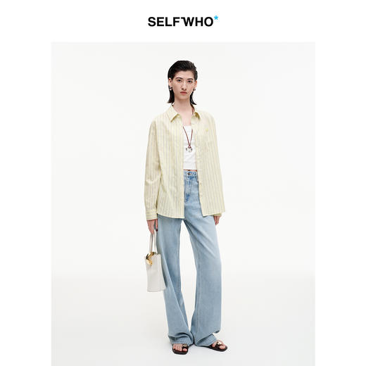 SELFWHO笑脸衣橱天丝棉混纺黄色条纹衬衫女2025秋季新款翻领上衣 商品图4