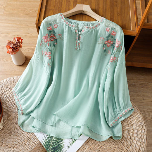 A80912025夏新款复古民族风改良文艺休闲棉麻刺绣宽松衬衫上衣女 商品图0