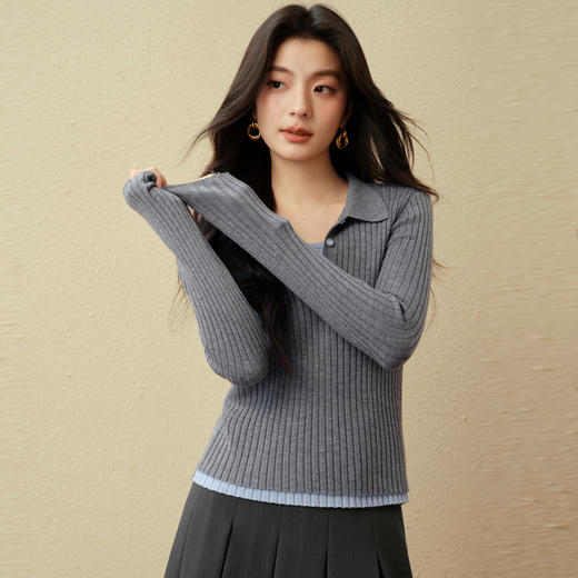 【严选】诗凡黎假两件撞色Polo坑条针织衫2025秋新款时尚百搭显瘦修身上衣7G8131031 商品图2