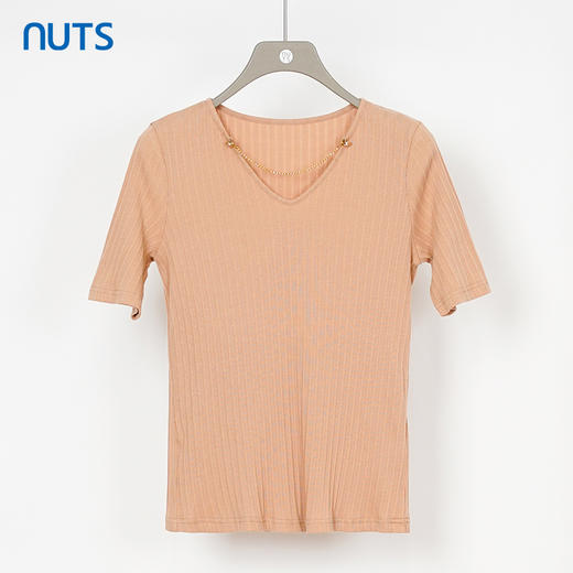 NUTS商场同款V领夏款纯色时尚气质百搭中袖T恤女231022076B 商品图2