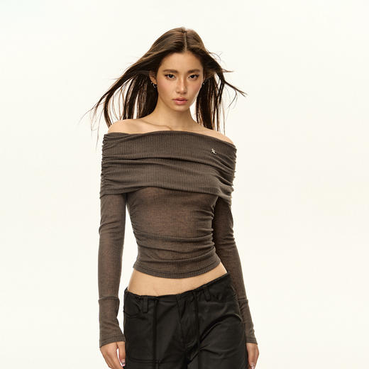 Ariseism 美式复古一字肩针织长袖上衣女2025秋季新款内搭打底衫 商品图1