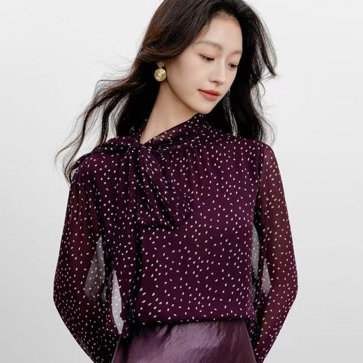 「自」全新升级【铂金会员146/天猫199/差价53】(35008)洛诗琳法式波点长袖衬衫2025秋季通勤百搭系带雪纺上衣女 商品图2