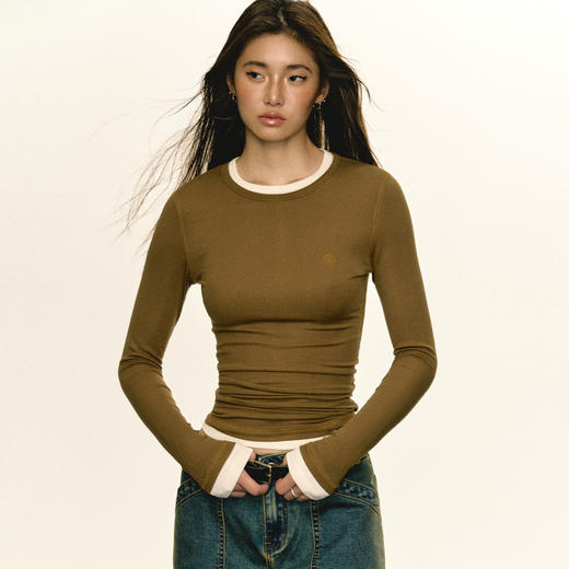 Ariseism 美式撞色假两件正肩长袖t恤女秋季新款上衣内搭打底衫 商品图1