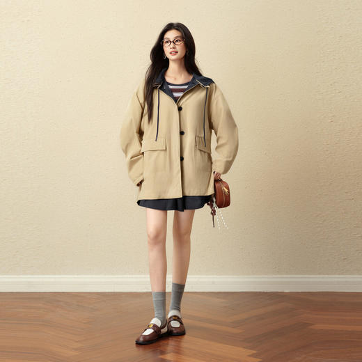 【严选】诗凡黎Miu系一手长连帽风衣2025秋新款巴恩风百搭宽松派克外套女7G8260331 商品图1