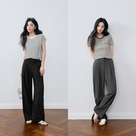 【严选】【小凉风】诗凡黎灰色直筒阔腿休闲裤松紧腰通勤百搭舒适黑色长裤7G3150921 商品图1