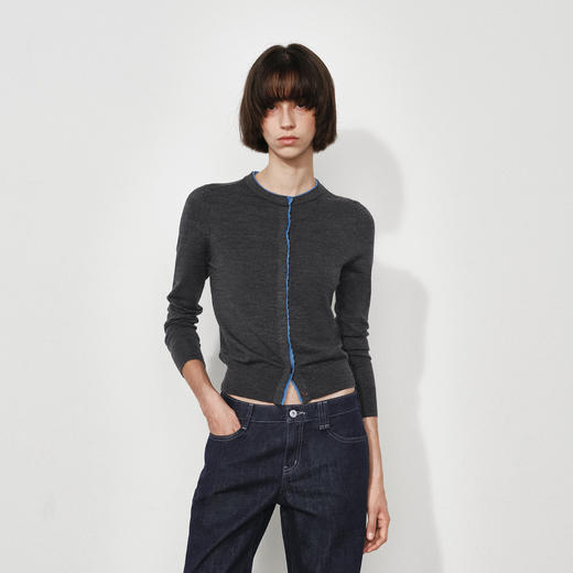 NUTH  可机洗100%纯羊毛撞色灰色修身短款长袖针织开衫女（发货时间同步天猫） 商品图3