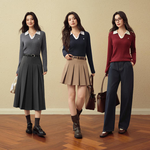 【严选】诗凡黎全羊毛绞花Polo领针织衫2025秋新款显瘦修身百搭时尚上衣女7G8332741 商品图1