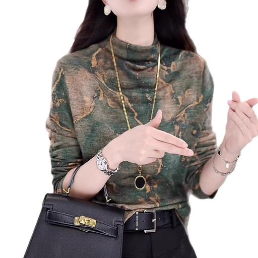 半高领加绒打底衫女士妈妈款春秋冬装高级感印花小衫独特洋气上衣 商品图4