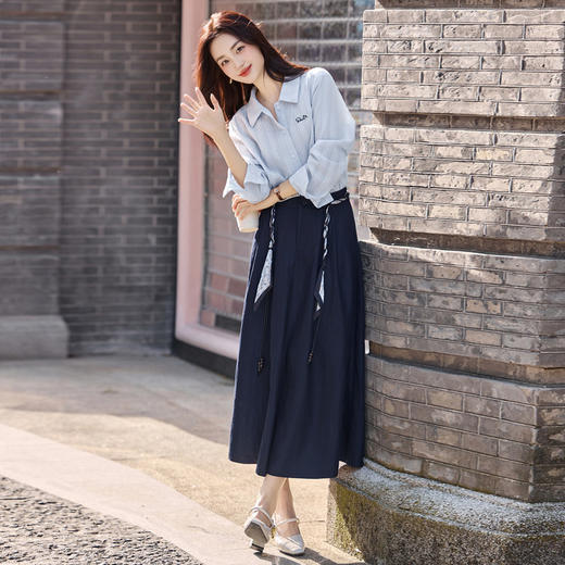【预售3天】PY-2025秋季新款高腰半身裙两件套装高端蓝色长袖衬衫小香风套装裙女XMB&1-8622 商品图2