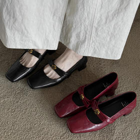 【预售5天】羊皮版~法式粗跟方头山茶花蝴蝶结一字带玛丽珍女鞋气质通勤单鞋QQJ&JZ-1920