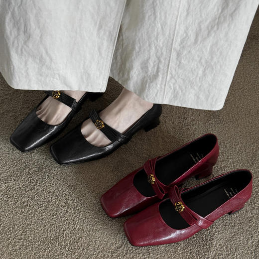 【预售5天】羊皮版~法式粗跟方头山茶花蝴蝶结一字带玛丽珍女鞋气质通勤单鞋QQJ&JZ-1920 商品图0