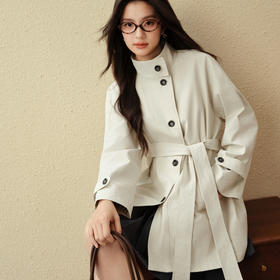 【严选】诗凡黎英伦风米色立领系带风衣2025秋新款一手长时尚宽松通勤外套7G7160291