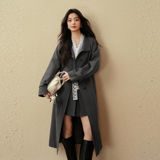 【严选】诗凡黎英伦风灰色立领系带风衣2025秋新款长款酷飒宽松通勤外套女7G7160271 商品图0