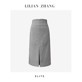 E-“定制”—静奢风 ——都市摩登——白底黑点织锦纹包臀中长裙 2503003