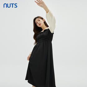 NUTS商场同款春秋季设计感气质圆领撞色高腰长袖连衣裙女331102118