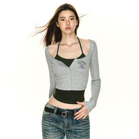 Ariseism 美式复古辣妹修身假两件针织长袖t恤女秋内搭上衣打底衫