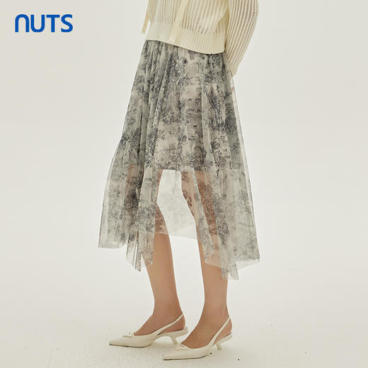 NUTS商场同款春秋季水墨画高腰显瘦网纱不规则半身长裙女333061185 商品图0