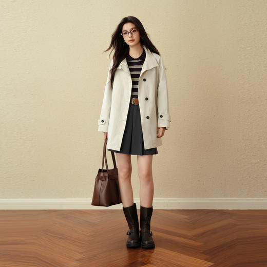 【严选】诗凡黎英伦风米色立领系带风衣2025秋新款一手长时尚宽松通勤外套7G7160291 商品图1