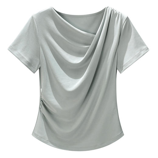 「自j」全新升级【铂金会员109/天猫149/差价40】(74747)洛诗琳斜V领设计感正肩T恤2025夏季褶皱高级感显瘦短袖上衣 商品图4