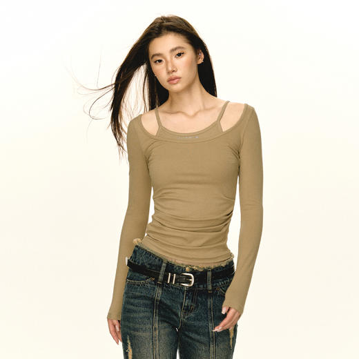 Ariseism 美式复古假两件长袖T恤女2025秋季新款美拉德上衣打底衫 商品图3