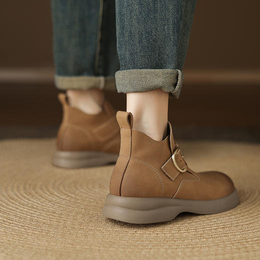 阿么手工女鞋一脚蹬真皮短靴2025新款不累脚舒适圆头及踝靴3.5CM 商品图3